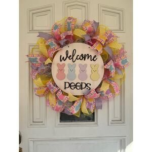 Welcome Peeps Sugar Bunnies Mesh Ribbon Spring Easter Wreath, Front Door Hanger